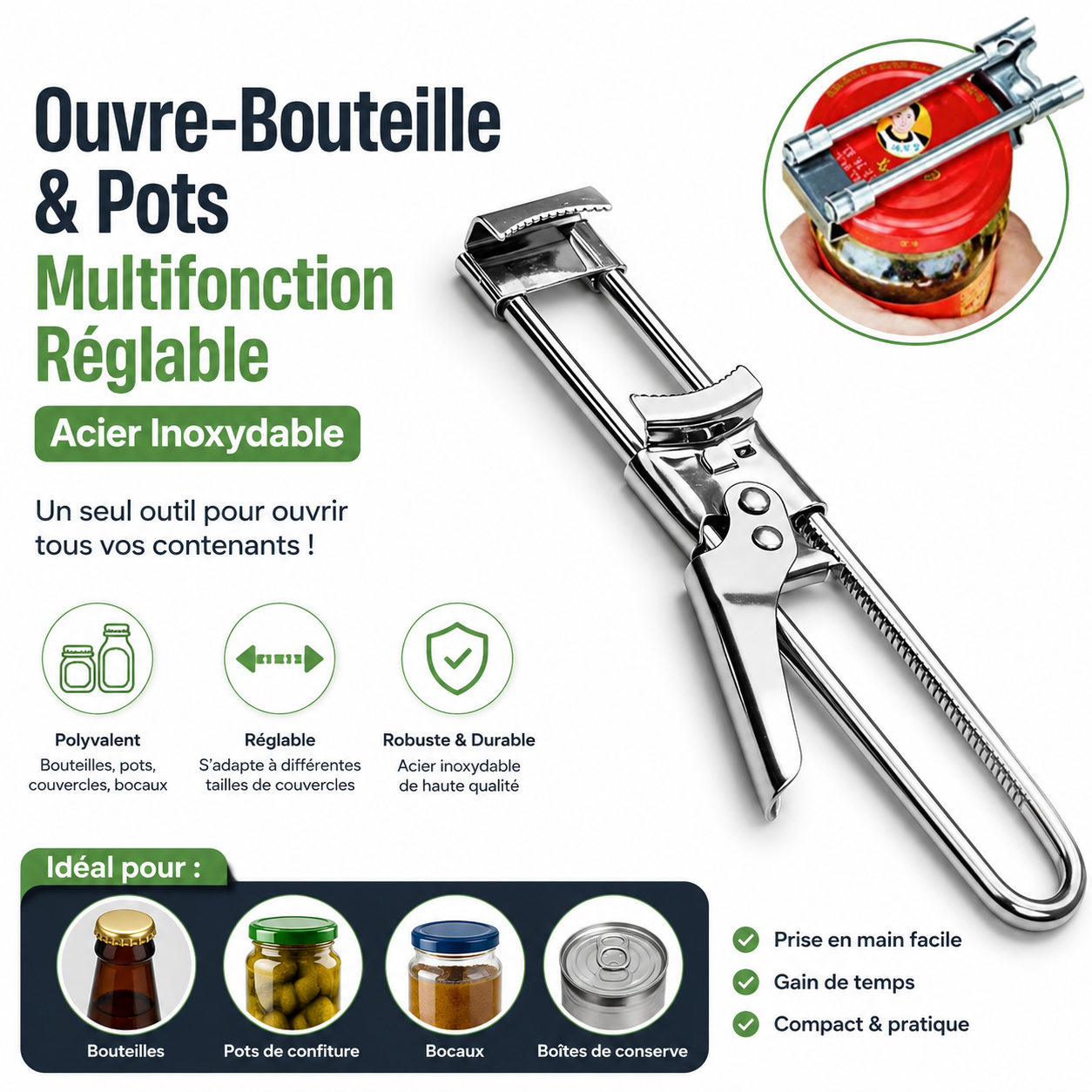 Ouvre-Bouteille & Pots Multifonction Réglable – Acier Inoxydable