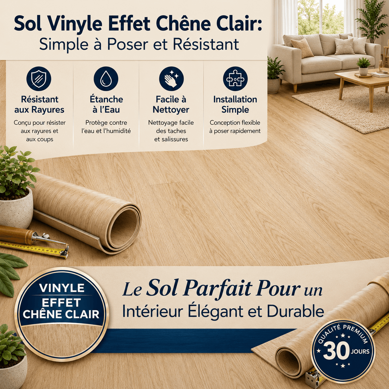 Sol Vinyle Effet Chêne Clair – Lames PVC Étanches, Résistantes et Faciles à Poser (15×91 cm) – Image 3