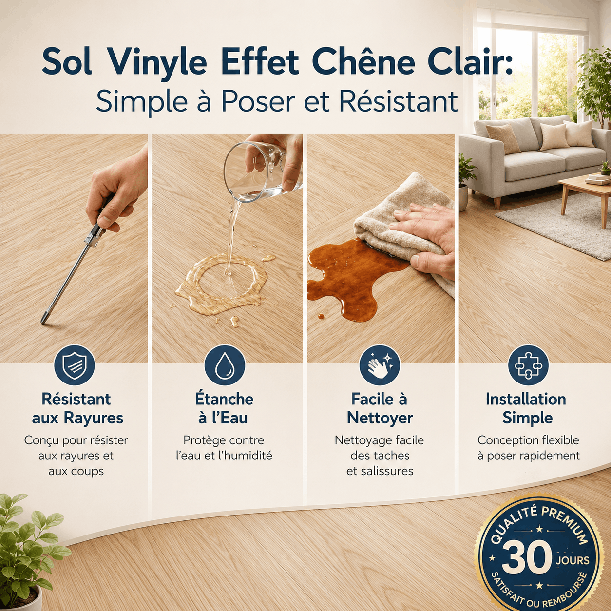 Sol Vinyle Effet Chêne Clair – Lames PVC Étanches, Résistantes et Faciles à Poser (15×91 cm) – Image 2