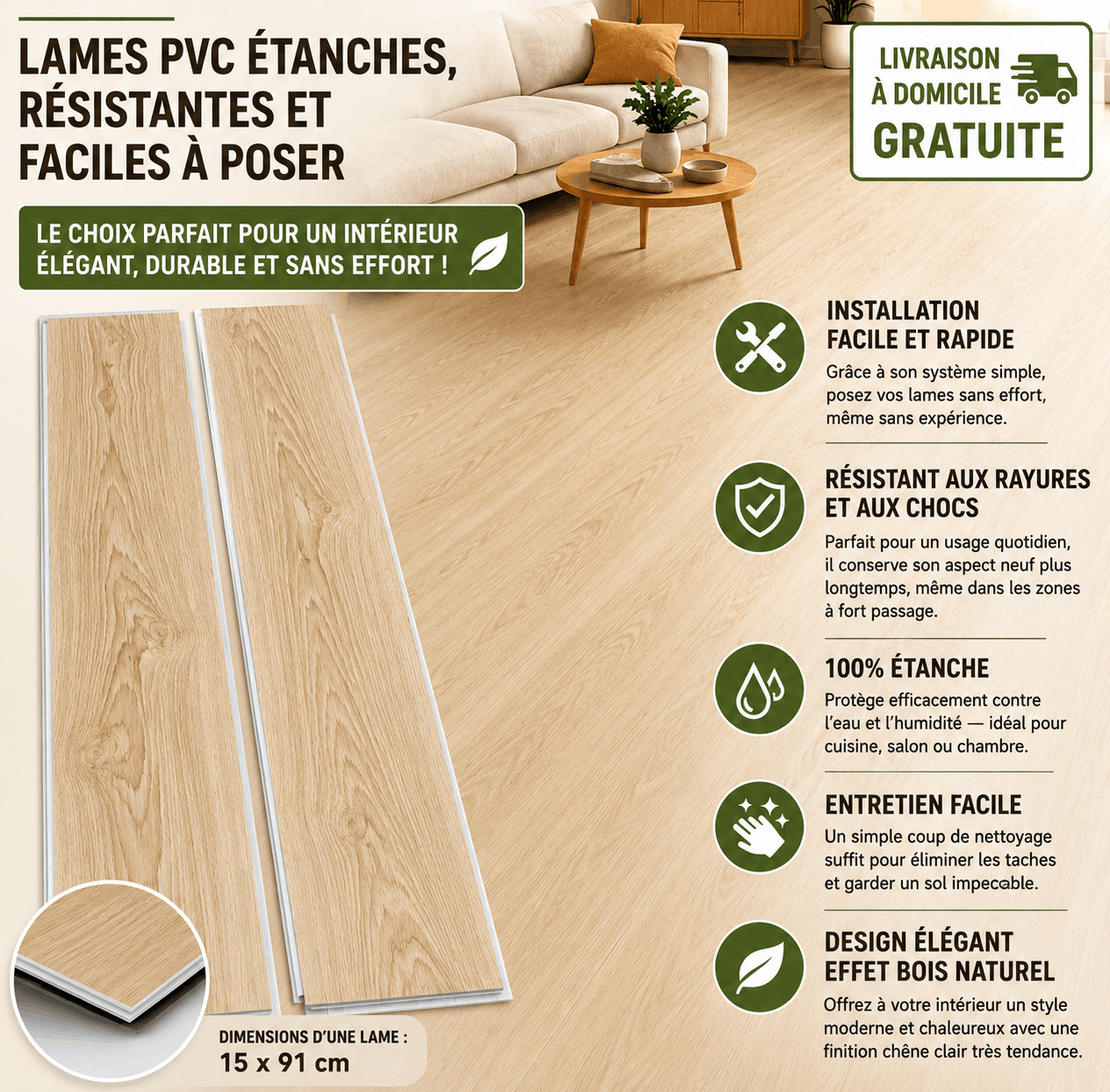 Sol Vinyle Effet Chêne Clair – Lames PVC Étanches, Résistantes et Faciles à Poser (15×91 cm)