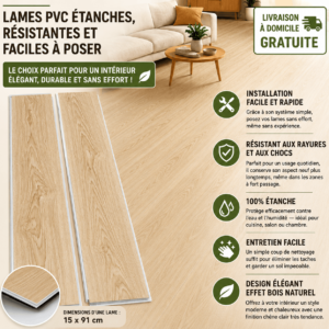 Sol Vinyle Effet Chêne Clair – Lames PVC Étanches, Résistantes et Faciles à Poser (15×91 cm) (Lubumbashi)