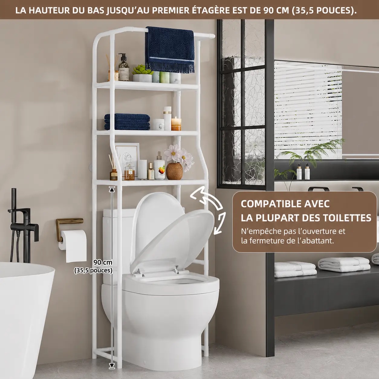Étagère de Salle de Bain au-dessus des Toilettes – Rangement 3 Niveaux avec Porte-Serviette – Image 3