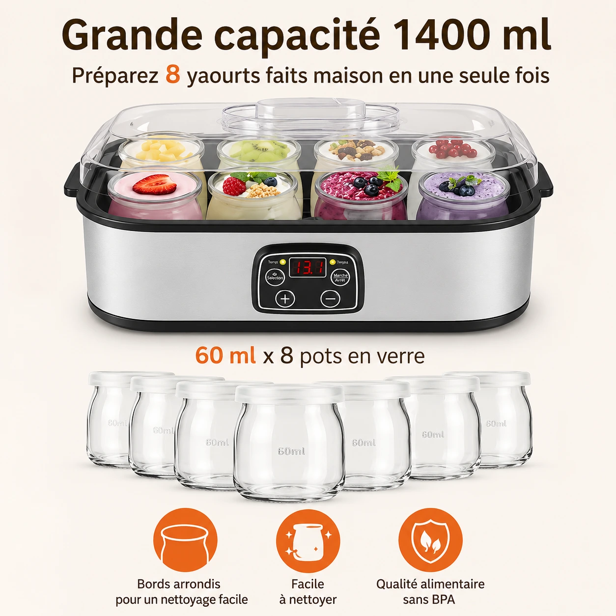 Yaourtière Électrique 1,4L avec 8 Pots — Température & Temps Réglables – Image 3