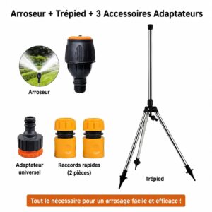 Arroseur 360° avec Trépied Réglable + 3 Adaptateurs